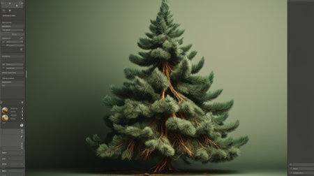 3d christmas tree created with precifinator and 3ds max, featuring muted tones, surrealism, and minimal retouching. rendered in hyper-realistic detail with bold colors of dark brown and green on an unprimed canvas. captured using a ricoh gr iii camera, this piece showcases intricate marks and a unique style. keywords: 3d, christmas tree, precifinator, 3ds max, surrealism, muted tones, hyper-realistic, dark brown, green, unprimed canvas, ricohの素材