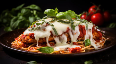 chicken parmesan, award-winning food styling and photography with a dark backdrop. italian food styling captured on a 25mm lens with depth of field, tilt blur, and dramatic lighting. the photo showcases intricate details and ultra-detailed, elegant, and dynamic pose. the high-resolution image features cgi, vfx, and sfx with ambient and dramatic lighting. ai generatedの素材