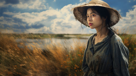a woman in a straw hat stands gracefully by a serene countryside and pond. this captivating photo captures the essence of a romantic drama, with its exquisite portrayal of dramatic atmospheric perspective. the scene resembles historic dramas beautifully depicted in national geographic photos. the detailed and realistic portraiture by sandara tang and zeen chin brings this image to life with their remarkable skills. ai generatedの素材