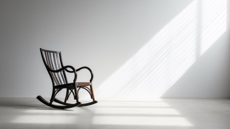 wooden rocking chair in a white room, with intense light and dark contrast. 8k resolution captures the details. backlit photography highlights the dark brown and black tones. embracing confucian ideology, the abstract minimalism appreciator will admire the use of light and shadow in this composition. ai generatedの素材