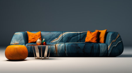 couch piece with cushions and ottoman in dark azure and dark amber, luxuriant textures, sleek and sharp, on a white surface. long and dramatic, with deep distance, the image features an elongated style and limited color range. ai generatedの素材