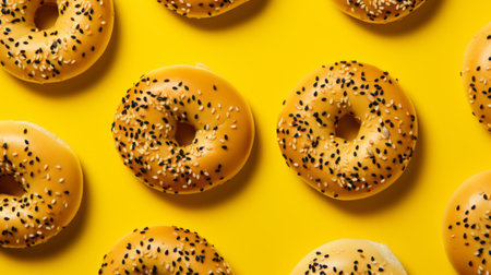 a large group of bagels on a yellow background, exuding an ominous vibe. this photo by wlad safronow showcases post-processing techniques with a contrasting balance. inspired by rinko kawauchi, it features strong use of contrast and dot-painted colors, creating an optical blending effect. ai generatedの素材