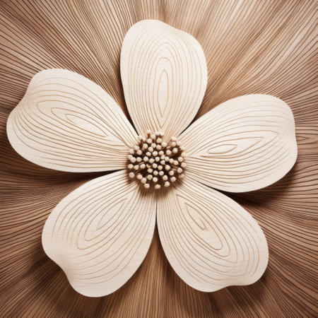 a wooden dogwood flower is showcased in the background, featuring intricate details reminiscent of fine feathers. this art piece draws inspiration from the ivory coast, combining wall sculpture and installation techniques. the high level of detail creates mesmerizing patterns that play with the mind, while the light brown and light beige tones add a soothing touch. ai generatedの素材