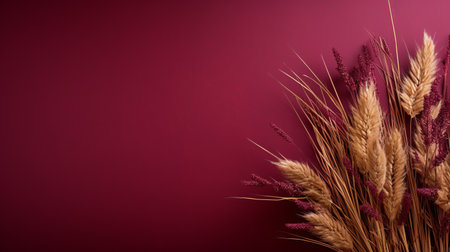 bouquet of red wheat on a vibrant red background, featuring ample copy space. this photo showcases a captivating blend of dark magenta and dark beige tones, exuding a textural minimalism. with influences from traditional chinese aesthetics, it beautifully combines masculine and feminine elements. the composition evokes a harmonious connection with nature, highlighting traditional craftsmanship and creating a romantic atmosphere. ai generatedの素材