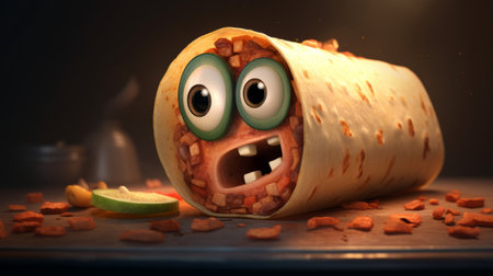 burrito with eyes slicing lime in cinema4d style. caricature faces and emotionally charged scenes. eerily realistic carpetpunk creation with code-based portraitures. ai generatedの素材