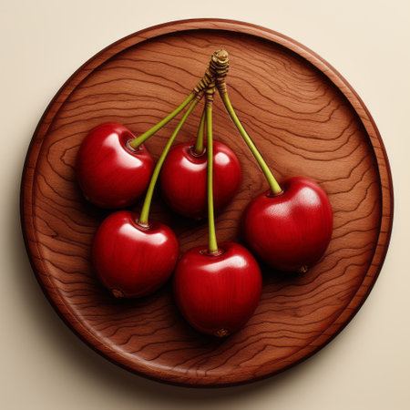 cherries on a wooden plate, styled in zbrush with minimal retouching. inspired by peter sculthorpe's art and traditional japanese techniques, this composition showcases the beauty of bentwood. captured by alastair magnaldo, the high-resolution image captures every detail. ai generatedの素材