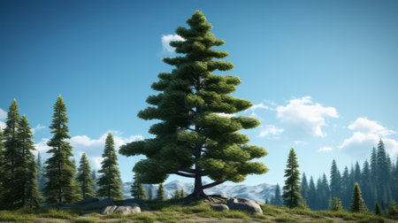 a single tree stands in the foreground, with majestic mountains in the background. this realistic and hyper-detailed rendering captures the wilderness in a style reminiscent of national geographic photos. the image is a stunning example of ue5's ability to create cartoon compositions that are hyper-realistic. ai generatedの素材