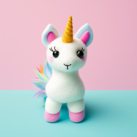 a little stuffed unicorn, with toy-like proportions, sits on a pink surface. the dark cyan and white color scheme, layered fibers, and softbox lighting enhance its eye-catching detail. this kawaii unicorn, in the style of firmin baes, is sure to captivate attention. ai generatedの素材