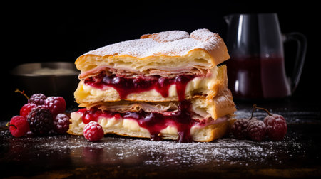 food photography of monte cristo showcasing award-winning food styling and magazine-styled presentation. captured with a 25mm lens, the image features a dark backdrop and italian food styling. the shot utilizes depth of field, tilt blur, and dramatic lighting techniques to create an elegant and dynamic pose. with ultra-detailed and intricate details, this high-resolution photo is a feast for the eyes. ai generatedの素材