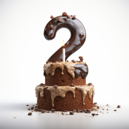 chocolate-covered two-sided cake with a number two graphic candles, rendered in the style of octane render. realistic portrayal of light and shadow on glazed earthenware. this 2d image captures the poured and algeapunk aesthetic, found on flickr. ai generatedの素材
