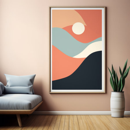 this modern bedroom wall print features a warm color palette and simplistic vector art. the flat and bold design, inspired by indonesian art, creates a minimalist landscape-focused aesthetic. perfect for a living room or bedroom, this curvilinear artwork adds a touch of contemporary elegance to any space. ai generatedの素材