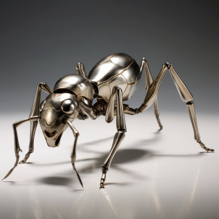 futurist metal ant 3d art, featuring smooth and shiny thin steel forms in the style of caffenol developing. this captivating piece showcases a blend of light bronze and silver tones, resembling realistic still life paintings. the artist's unique touch brings together the concept of mass-produced objects with the enchanting aesthetics of mori kei. ai generatedの素材