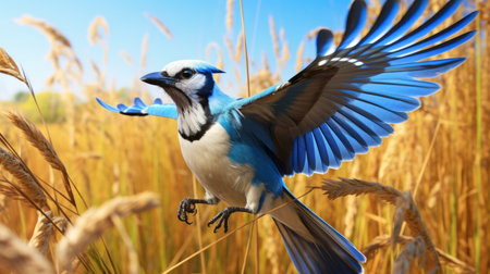 blue jay strutting through tall grass, its iridescent feathers shimmering in natural light. photo hyper-realism captures vibrant colors and intricate details, reminiscent of tim laman's bird photography. shot with a canon eos r5 mirrorless camera and rf 100-500mm f4.5-7.1 l is usm lens, the 16k resolution emphasizes the bird's striking appearance. ai generatedの素材
