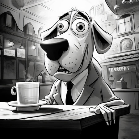 a dog, in the style of noir comic art, sits at a table with a cup of coffee. the scene depicts lively tavern scenes with cartoon-like characters. the dog is white and gray, and the lighting is realistically portrayed, adding tonal sharpness to the image. the dog's wandering eye adds an intriguing element to the composition. ai generatedの素材