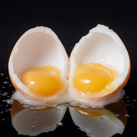 two broken eggs are positioned near the edge of a sink, creating a striking contrast against the black background. this algorithmic artwork showcases the artistry of focus stacking, with translucent resin waves adding a touch of honeycore aesthetic. the light orange and white hues enhance the visual appeal of this 32k uhd photograph. ai generatedの素材