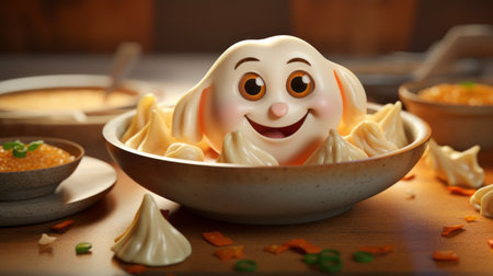 cartoon character sitting on a bowl of ramen, rendered in cinema4d style with detailed facial features. the ghostly presence and emphasis on emotion over realism give the image a unique touch. this uhd image is reminiscent of oleg shuplyak's art and carl barks' storytelling. ai generatedの素材