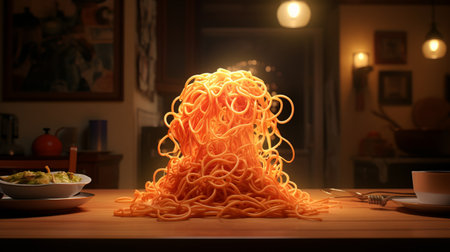 a pile of noodles sits on a wooden table, in a hyper-realistic sci-fi style. the noodles are arranged in a way that resembles the work of arnoldo pomodoro and disney animation. the light red and amber colors add to the beauty of the scene, making it a contest winner in the style of carlo dolci. ai generatedの素材