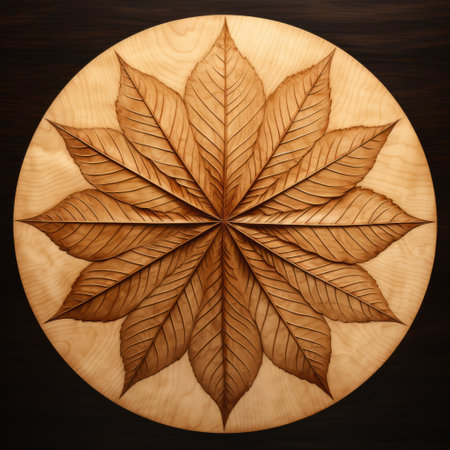 wooden carving of a leaf on a dark background, circular abstraction, highly detailed illustrations, layered veneer panels, hyperrealism, inlay, precisionist lines, flower patterns. ai generatedの素材