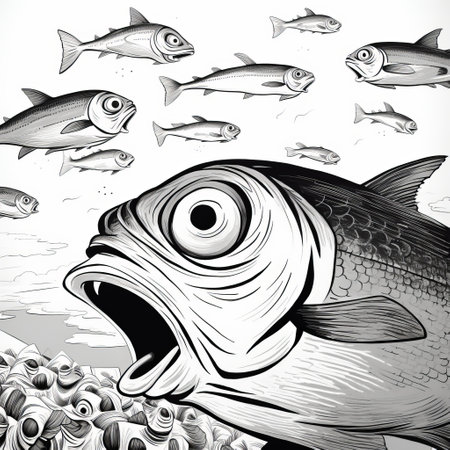 a surreal fish vector illustration, numbered 3045, captures the essence of david yarrow's style. this surrealist manga artwork showcases detailed crowd scenes and emphasizes emotion over realism. with surreal seascapes and an eye-catching composition, this pop art cartoonish illustration is sure to captivate viewers. ai generatedの素材