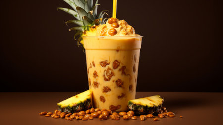 a pineapple milkshake with pecan nuts floating on brown coffee, captured in a neo-geo style. this vibrant and chillwave-inspired photo showcases the unique combination of flavors and textures. the warm tonal range adds depth to the image, while the use of cheese and velvia techniques enhances its visual appeal. this associated press photo captures the essence of a delicious and visually stunning beverage. ai generatedの素材