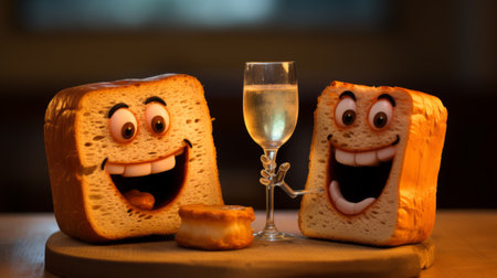 two slices of bread, standing side by side, create a whimsical tableau with expressive faces. this quirky visual storytelling captures the essence of smilecore and showcases the artistry of ray tracing. crafted from glass, this unique creation pays homage to the works of joe shuster and tiago hoisel. ai generatedの素材