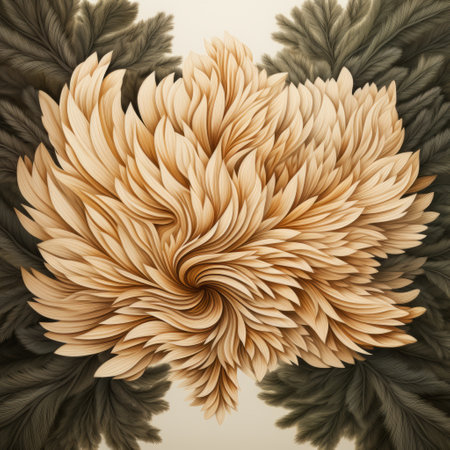 an artistic drawing of a three-dimensional flower, featuring dark beige and beige tones. detailed feather rendering and fluid color combinations create nature-inspired installations. rendered in cinema4d, this piece showcases detailed foliage and embodies the essence of mori kei. ai generatedの素材