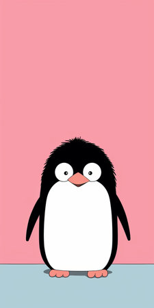 a cute penguin is sitting on a pink background in the style of minimalistic portraits. the high-resolution image features playful expressions and detailed character design, reminiscent of firmin baes and ben wooten's work. the light red and black colors add a playful touch to the adorable penguin. ai generatedの素材