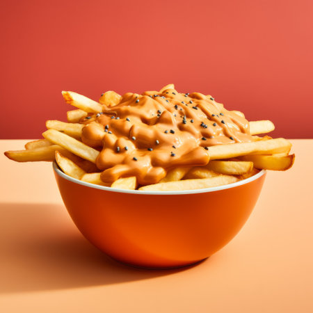 a bowl of fries with sauce and seasoning, captured in a neo-pop surrealism style, showcasing bold curves and strong contrast. this large-scale photograph, taken with a canon af35m, features a light orange and beige color palette, adding a touch of modern art to the classic snack. ai generatedの素材