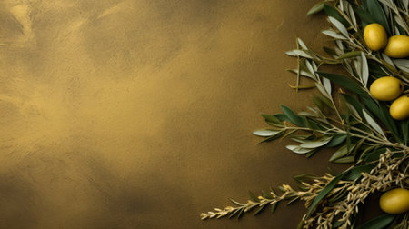 arrangement of olives and herbs on a gold metal background with copy space. top view captures the subtle tonal gradations, bold contrast, and textural play. dark beige and gold colors create a festive atmosphere. uhd image by artemisia gentileschi showcases vibrant stage backdrops. ai generatedの素材