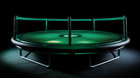 an ultra-realistic and insanely detailed trampoline is showcased in this photograph. shot on a 25mm lens, the image captures intricate details with a depth of field and tilt blur effect. the lighting, including half rear lighting and backlight, creates a dramatic and elegant ambiance. with its hyper maximalist and volumetric style, this photograph is a stunning example of photography with ultra-detailed and intricate details. aiの素材
