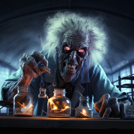 a stuffed monster, with dynamic and exaggerated facial expressions, sits in a lab surrounded by jars of medicine. the dramatic use of lighting creates swirling vortexes, giving the scene an epic portraiture style. this grandparentcore photo captures the essence of mark keathley's artistry, while also showcasing the impact of rtx technology. ai generatedの素材