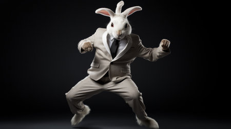 a stuntman rabbit, dressed in a detailed attention-grabbing costume, jumps fearlessly. this matte photo captures the dark beige and white tones, showcasing the stylish fashion sense. carsten holler's artistic touch adds a touch of dance-like movement to the image. tim white's aurorapunk influence shines through in this captivating shot. ai generatedの素材