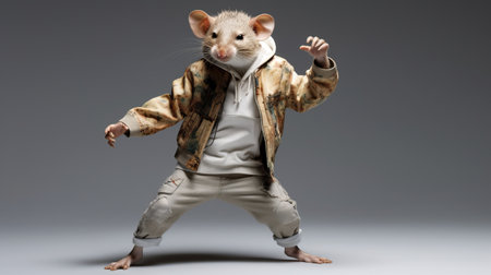 3d graphics of a rat in breakdance photography style, with intricate costume and fashion details captured by sacha goldberger. the softbox lighting used by bertil nilsson enhances the high-resolution ultra hd (uhd) image, showcasing the stunning light gray and beige tones. ai generatedの素材