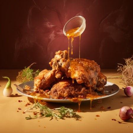 a multilayered plate of chicken with honey, onions, and spices, captured in the style of mike campau, abdel hadi al gazzar, fluid photography, and camille pissarro. this genre-defying image showcases the light amber hues and irresistible flavors of this delicious dish. ai generatedの素材