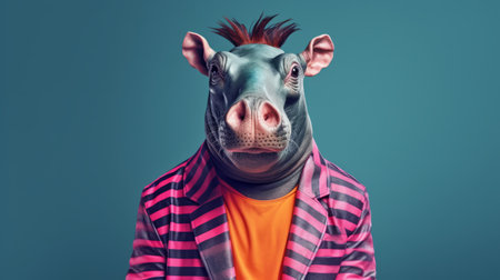 male hippopotamus in modern punk attire with surreal long hairstyle, tattoos, and piercings, laughing uncontrollably with eyes closed, exuding extreme happiness. the image features exaggerated wes anderson colors, set against a retro color striped background, captured with profoto lighting. the 8k color illustration has a cinematic feel, perfect for advertising. ai generatedの素材
