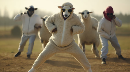 a man wearing sunglasses performs a comical sheep dance in a detailed costume. the movie still captures the humorous choreography in warmcore tones. this national geographic photo features a group zero with dark beige and white elements. ai generatedの素材