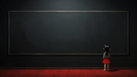 a girl gazes at a minimalistic japanese-style blackboard, created by artist andy fairhurst. the artwork features a combination of light red and dark gray tones, providing a visually striking contrast. this 32k uhd image captures the essence of chuah thean teng's classical academic style, reminiscent of patricia piccinini's unique artistic vision. ai generatedの素材