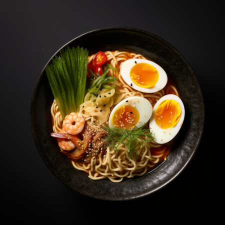 fried rice noodle, egg, lemon, shrimp, and vegetable with rice on a black background. the style is reminiscent of shohei otomo, with light red and light bronze tones. the image captures a bold yet graceful aesthetic, evoking a sense of hallyu and a fusion of cultures from 500-1000 ce. the photo has a carcore vibe and was taken with a konica auto s3. ai generatedの素材