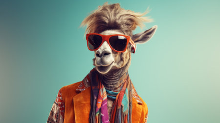male camel in modern punk fashion attire with a surreal, long hairstyle, tattoos, and piercings, laughing loudly with eyes closed. the exaggerated happiness is captured in wes anderson colors against a retro striped background, illuminated by profoto lighting. the 8k color illustration exudes a cinematic quality, perfect for advertising. ai generatedの素材