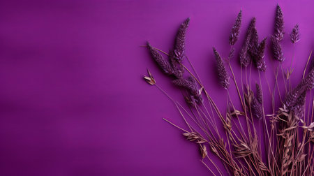purple lavender flower against a deep purple background, top view with copy space. the photo showcases a minimalist surrealism style inspired by colorful woodcarvings. twisted branches add an intriguing touch, while attention to fur and feathers texture enhances the organic sculpting. this monochromatic composition pays homage to jean-francois millet's artistic vision. ai generatedの素材