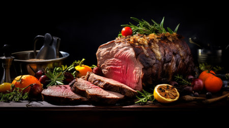 roast beef food photography with award-winning italian food styling and magazine-style presentation. shot on a 25mm lens with dramatic lighting and a dark backdrop, the image showcases intricate details and ultra-detailed cgi. the photo features a dynamic pose and elegant composition, with a focus on volumetric and ambient lighting for an insanely detailed and hyper maximalist look. ai generatedの素材