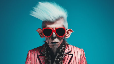 a male monkey in modern punk fashion attire, sporting a surreal and exaggerated hairstyle, is captured in a photograph. the monkey is seen laughing uproariously, with eyes closed, exuding extreme happiness. the image features a retro color striped background reminiscent of wes anderson's style, enhanced by profoto lighting. this vibrant and cinematic 8k color illustration is perfect for advertising purposes. ai generatedの素材