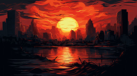 city and sun at sunset, bad painting style, apocalyptic vibe, dark palette, large canvas sizes, red and orange hues, romantic riverscapes, paint dripping technique. ai generatedの素材