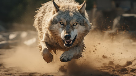 grey wolf running in front of dirt, captured with a moody and edgy style reminiscent of political commentary. the image features dynamic and action-packed energy, enhanced by the use of graflex speed graphic and post-processing techniques. the intense emotions of the scene are further emphasized by the unreal engine 5, creating a powerful visual impact. ai generatedの素材