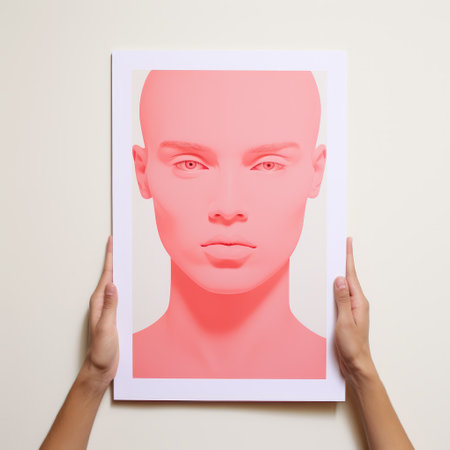 man holding abstract print with exaggerated facial features in light red and light cyan. the scanner photography captures serene faces and pop colorism. the artwork shows fine attention to anatomy and features a rosier shade of pink. ai generatedの素材