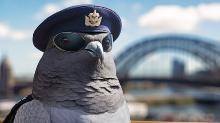 pigeon wearing glasses and hat, standing beside a bridge in an orderly arrangement. the navy and gray color scheme adds to the detailed costume of this photo-realistic hyperbole. the scene is almost like something out of a movie set with a security camera capturing this anglocore bird in one of many uniformly staged images. ai generatedの素材
