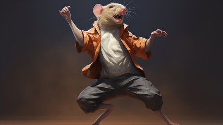 a rat in a jacket showcasing detailed character expressions on a dark floor. this digital painting features light beige and orange tones, with elements of dd, normcore, jump cuts, and realistic figures. ai generatedの素材