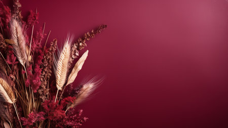 a vase of wheat on a maroon background, minimalist style, flower and nature motifs, pink and crimson, schlieren photography, 8k resolution, uhd image, attention to fur and feathers texture. ai generatedの素材