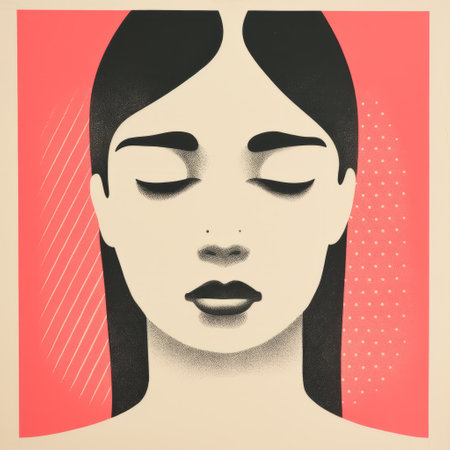 the person in the monochromatic minimalist portrait is showcasing their appearance with closed eyes. the illustration, reminiscent of artists like ed mell and duy huynh, features detailed perfection in light pink and red tones. the style evokes the artistic techniques of silkscreen and jon foster. ai generatedの素材