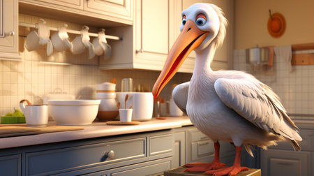 large white bird standing alone in a kitchen, depicted in disney animation style using zbrush. emphasizing emotion over realism, the cartoonish caricatures showcase inventive character designs and intense close-ups. keywords: white bird, kitchen, disney animation, zbrush, emotion, realism, cartoonish, caricatures, inventive, character designs, intense close-ups. ai generatedの素材